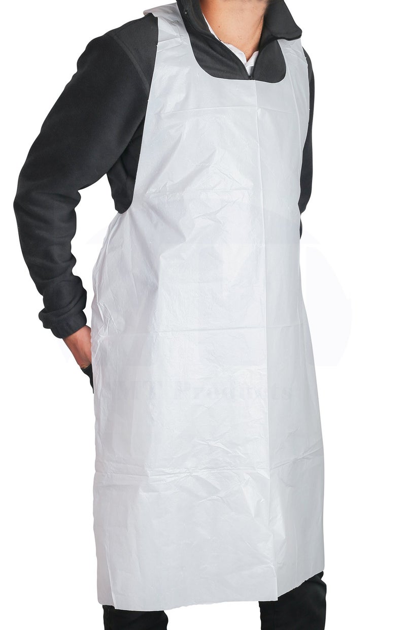 MT Products White Plastic/Poly Apron 46" x 28" - Disposable Kitchen Apron - Pack of 25 - Image 1